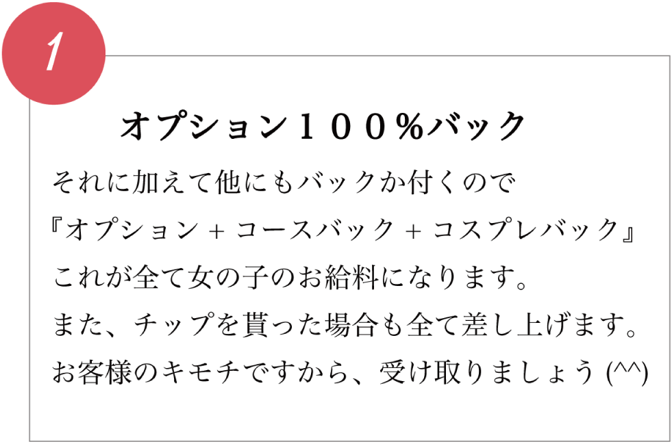 オプション100%バック それに加えて他にもバックか付くので『オプション＋コースバック+コスプレバック』 これが全て女の子のお給料になります。 また、チップを貰った場合も全て差し上げます。 お客様のキモチですから、受け取りましょう （^^）