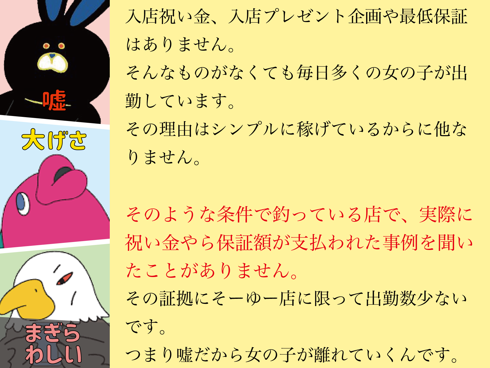 入店祝い金、入店プレゼント企画や最低保証はありません。そんなものを出さなくとも毎日多くの女の子が出勤しています。その理由はシンプルに稼げているからに他なりません。だいたいそのような条件で釣っている店で、実際に祝い金やら保証額が支払われた事例を聞いたことがありません。その証拠にそーゆー店に限って出勤数少ないです。つまり嘘だから女の子が離れていくんです。